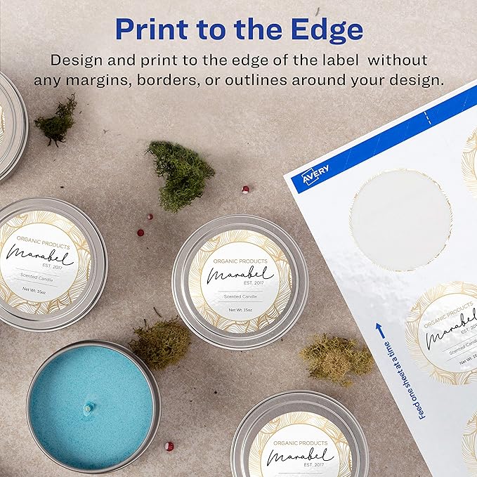 Avery Printable Round Labels with Sure Feed Technology, 2" Diameter, Glossy White, Laser & Inkjet Compatible, 60 Blank Labels Total, Great for Mailing, Branding, and More (22817)