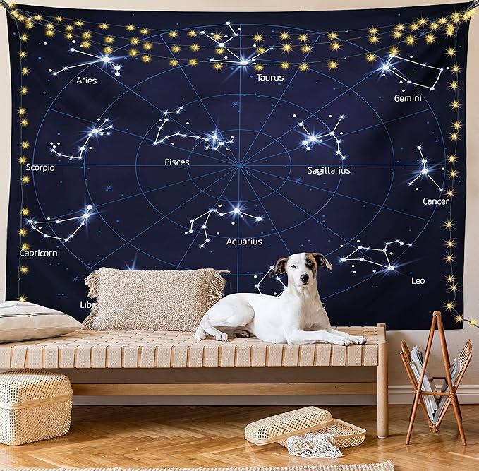 Ambesonne Constellation Tapestry, Sky Star Map Geometric Circle Space Night Horoscopes Chart Dark, Wide Wall Hanging for Bedroom Living Room Dorm, 60" X 40", Dark Blue White