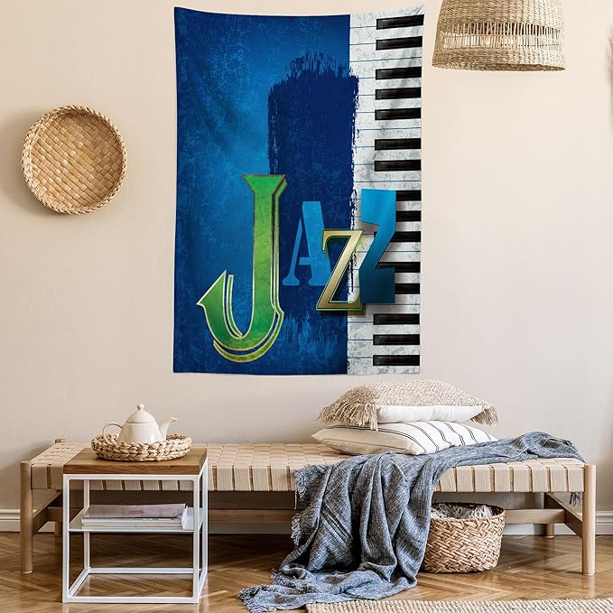 Ambesonne Jazz Music Tapestry, Abstract Cracked Background Piano Keys Themed Print Rhytym Image, Fabric Wall Hanging Decor for Bedroom Living Room Dorm, 30" X 45", Navy Green White