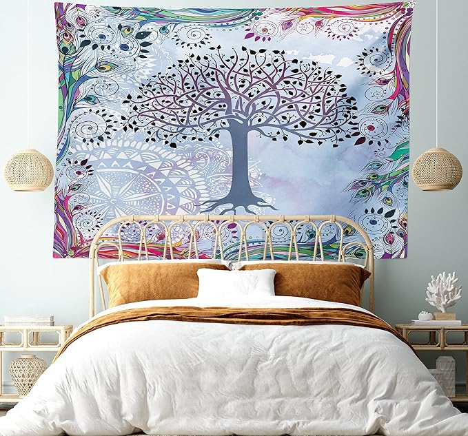 Ambesonne Nature Tapestry, Tree of Life Motif Peacock Feathers Tribal Vintage Prehistoric Flora Illustration, Fabric Wall Hanging Decor for Bedroom Living Room Dorm, 28" X 23", Blue