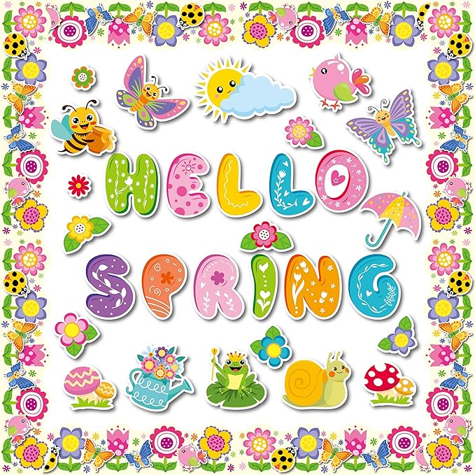 70 Pcs Hello Spring Bulletin Board Decorations - Colorful Hello Spring Cut-Outs Cute Flower Butterfly Bird Bee Bulletin Border Wall Decals for Kids DIY Craft School Classroom Decor