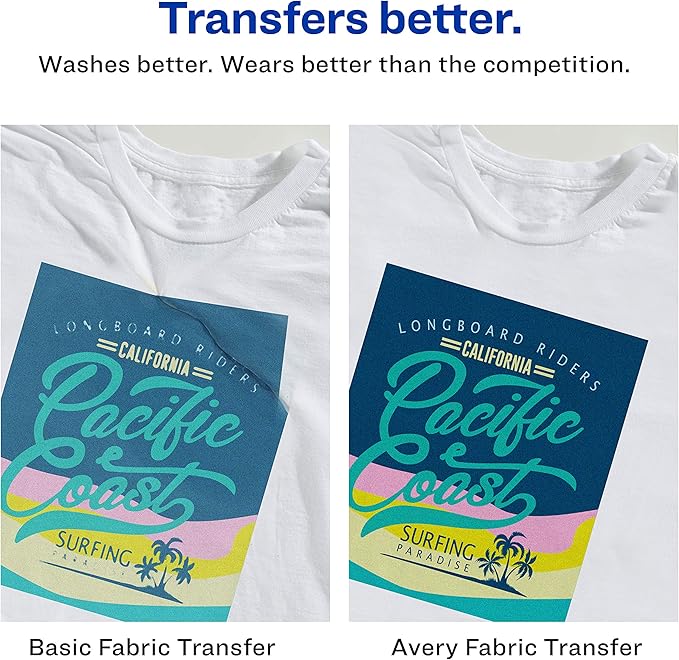 Avery Printable Heat Transfer Paper for Light Fabrics, 8.5" x 11", Inkjet Printer Compatible, 6 Sheets of Iron On Transfer Paper, Great for Custom Shirts, Uniforms, Gifts, and More (3271)