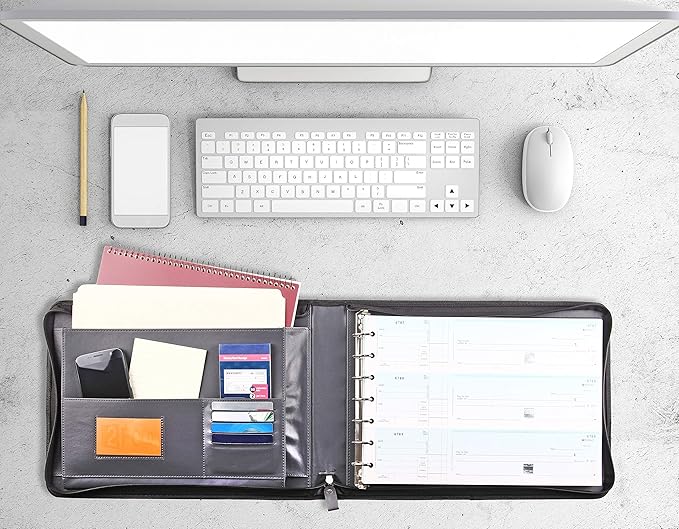 2Fold Zippered Business Checkbook Binder - 7 Ring Binder for Business Checks with Built-in Organizer and Card Case - PU Leather Portfolio for up to 600 3-Up Checks (Gray)