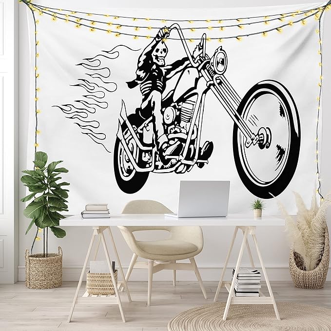 Ambesonne Motorcycle Tapestry, Cool and Dangerous Flaming Death Ride Fearless Skeleton Fantasy Items, Fabric Wall Hanging Decor for Bedroom Living Room Dorm, 45" X 30", Charcoal Grey White