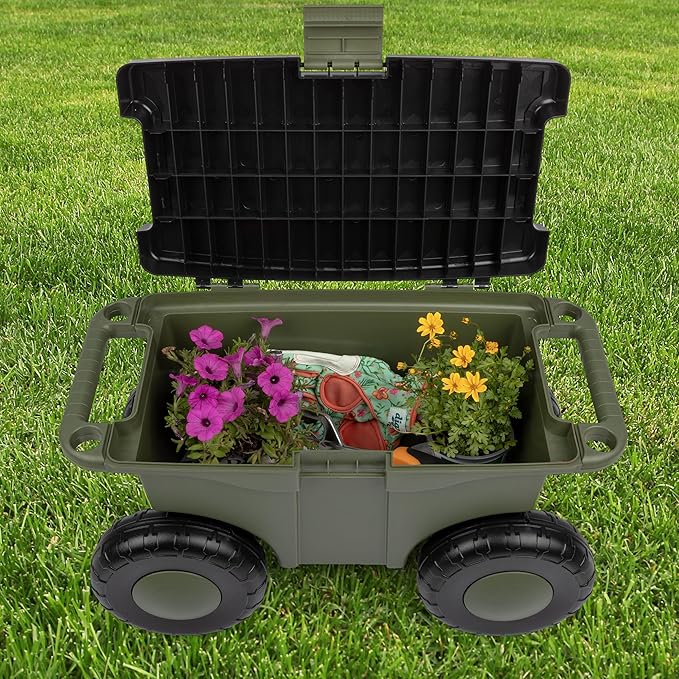 Pure Garden Rolling Garden Cart with Seat - Plastic Storage with Bench and Interior Tool Tray - Gardening Stool for Weeding and Planting (Green)