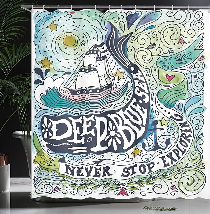 Ambesonne Whale Shower Curtain, Mammal on Wavy Ocean Design Swimming to an Island Palm Trees Print, Cloth Fabric Bathroom Decor Set with Hooks, 69" W x 70" L, Blue Pink and Green