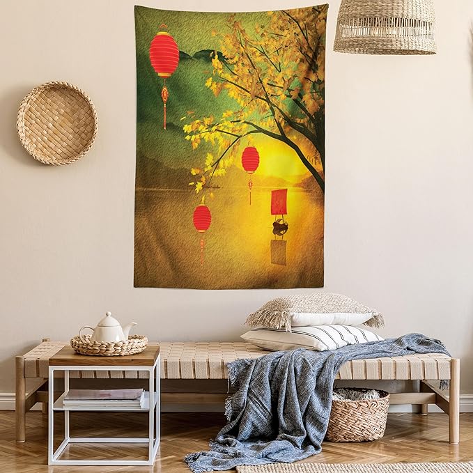 Ambesonne Oriental Tapestry Queen Size, Traditional Chinese Folk Hanging from Pale Fall Trees Lake Faded Nature Photo, Wall Hanging Bedspread Bed Cover Wall Decor, 88" X 88", Yellow Green