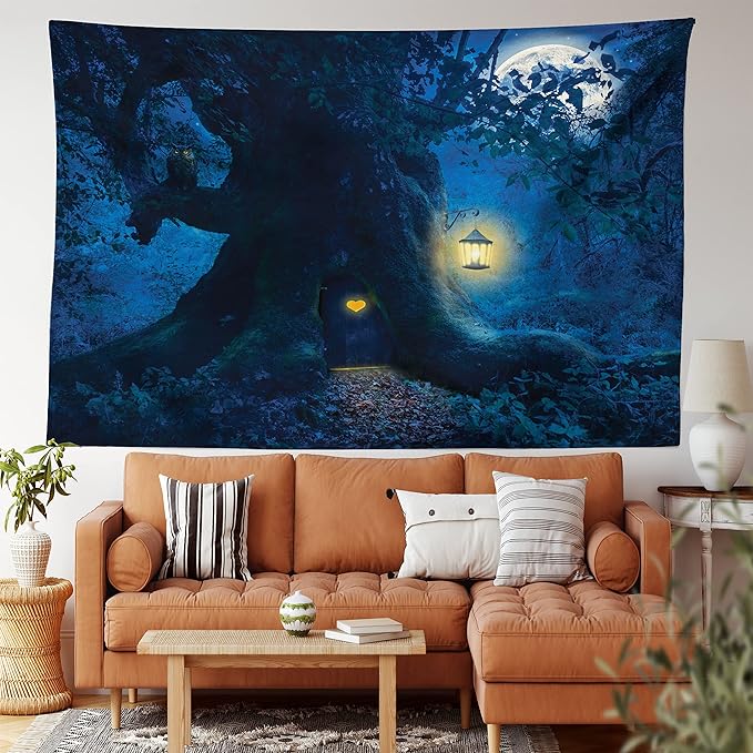 Ambesonne Fantasy Tapestry Queen Size, Night with a Little Home in The Trunk of an Tree in The Woods Print, Wall Hanging Bedspread Bed Cover Wall Decor, Queen Size, Navy Blue