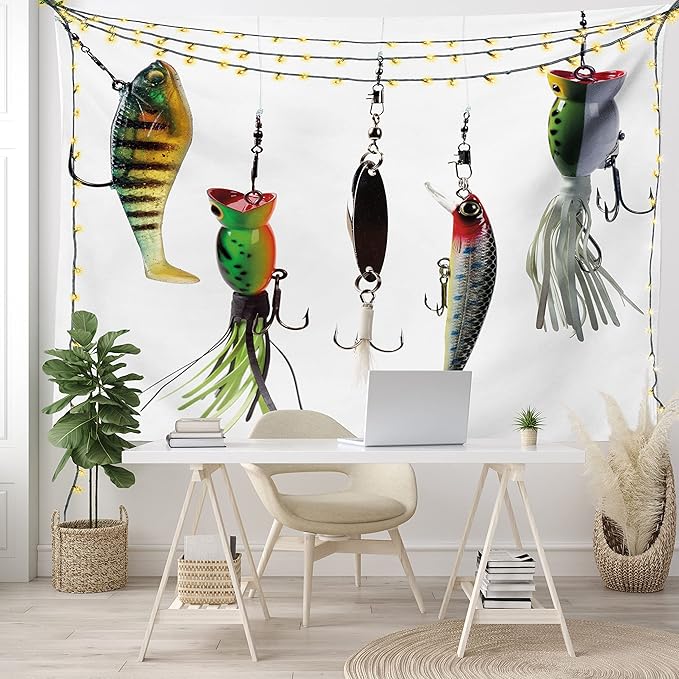 Ambesonne Fishing Tapestry, Various Type of Fishing Baits Hobby Leisure Passtime Sports Hooks Catch Elements, Wide Wall Hanging for Bedroom Living Room Dorm, 80" X 60", White Multicolor