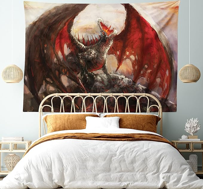 Ambesonne Fantasy World Tapestry, Majestic Dragon Resting on Mountain Mythological Fire-Spewing Creature Print, Fabric Wall Hanging Decor for Bedroom Living Room Dorm, 45" X 30", Brown Red