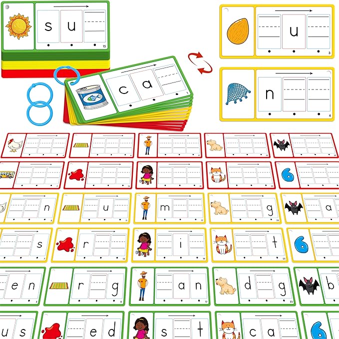 CVC Word Writing Cards, 100 Double-Sided Handwriting Cards 3-Level Short Vowel Spelling Flashcards CVC Sight Words Early Educational Tool for Kids 3 4 5 Years Old (3 Plastic Rings Included)