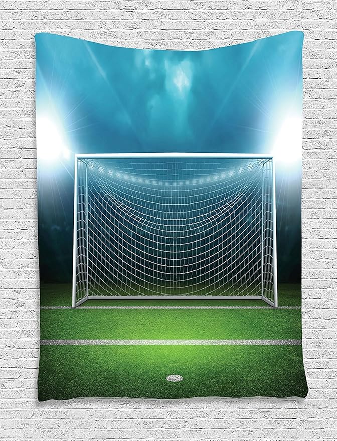 Ambesonne Soccer Tapestry, Soccer Goal Post Sports Area Winner Loser Line Floodlit Best Team Finals Game Theme, Wall Hanging for Bedroom Living Room Dorm Decor, 60" X 80", Green and Blue
