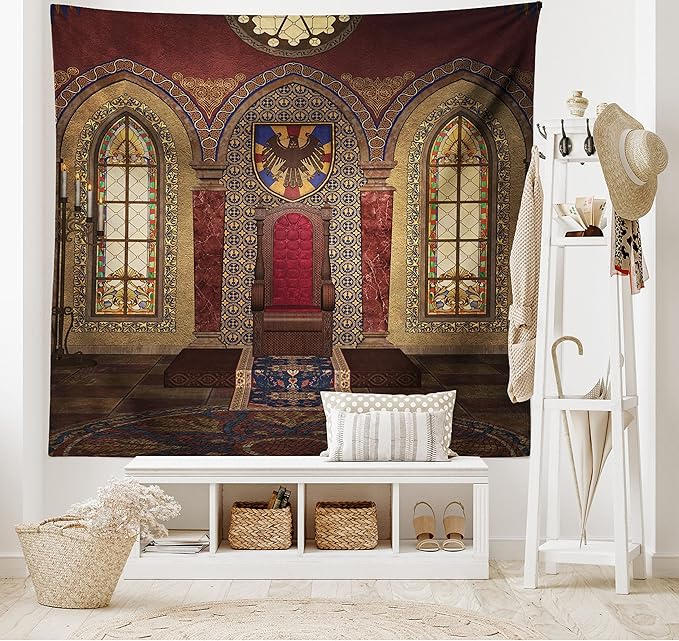 Ambesonne Gothic Tapestry, Red Medieval in Chapel Eagle Portrait on Wall Fantasy Building Print, Wide Wall Hanging for Bedroom Living Room Dorm, 60" X 40", Brown Ruby