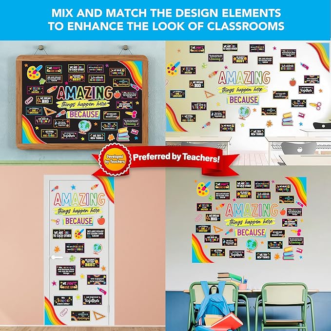 Decorably 49 Pcs Cutouts Chalkboard Vibrant Theme Amazing Things Happen Here Bulletin Board Decorations Set with Borders, Bulletin Board Motivational Decorations - Classrooms, School Hallways