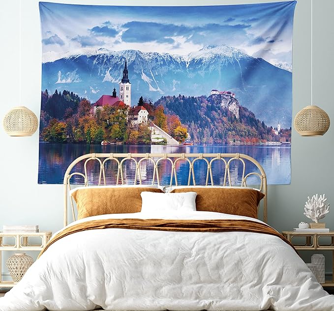 Ambesonne Landscape Tapestry Twin Size, Photo of Bled in Slovenia with Lake Snowy Mountains and a Castle Pastoral Scenery, Wall Hanging Bedspread Bed Cover Wall Decor, 68" X 88", Blue Lavender