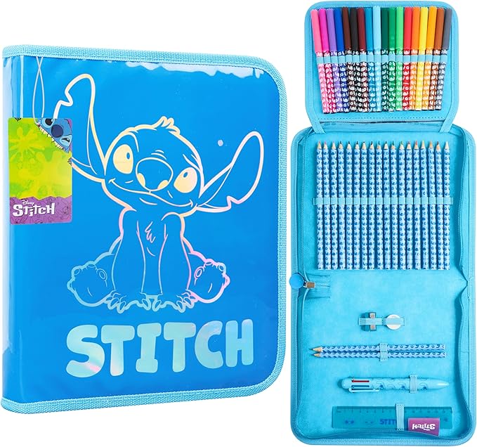 Disney Stitch Pencil Case for Girls Kids Tweens Colored Pencils Markers Pen Eraser Ruler Frozen School Supplies Stationary Gifts for Girls (Blue Stitch 1 Compartment)
