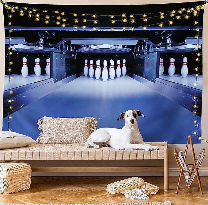 Ambesonne Bowling Party Tapestry, Symmetrical Bowling Pins on an Empty Alley Hobby Fun Challenge Theme, Fabric Wall Hanging Decor for Bedroom Living Room Dorm, 30" X 45", Blue White Red