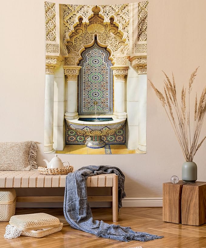 Ambesonne Moroccan Tapestry, Vintage Building Design Art Historic Exterior Facade with Mosaic Print, Fabric Wall Hanging Decor for Bedroom Living Room Dorm, 23" X 28", Ivory Pale Brown Blue