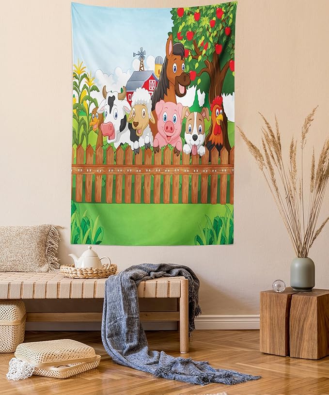Ambesonne Cartoon Tapestry, Composition Farm Animals on Fence Comic Mascots Dog Cow Horse Design, Fabric Wall Hanging Decor for Bedroom Living Room Dorm, 23" X 28", Green Multicolor