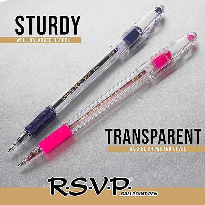 Pentel RSVP Ballpoint Pen, (1.0mm) Medium Line, Assorted Ink (BK91BP5M) (Pack of 1, 5 Count Total)