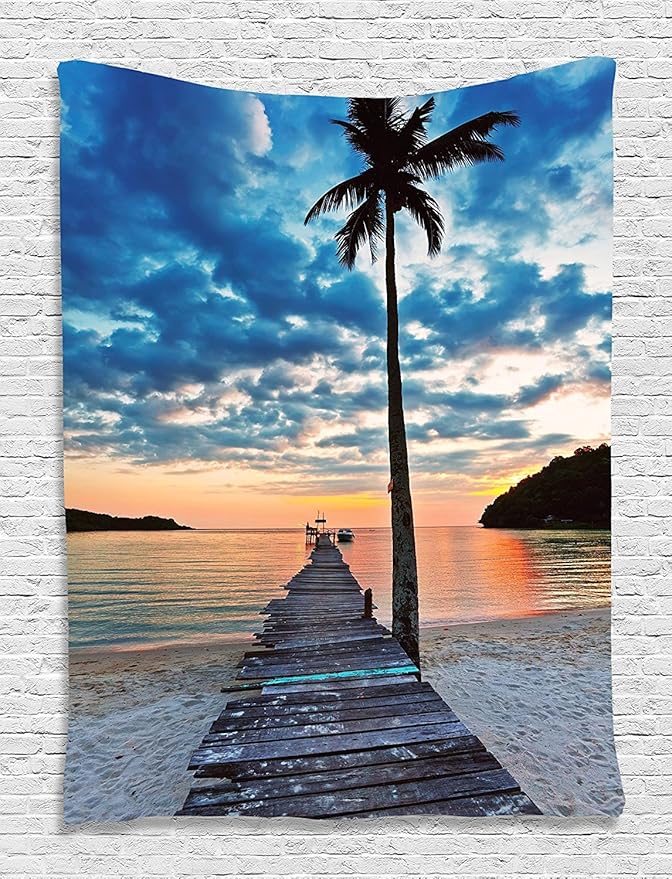 Ambesonne Pier Tapestry, Wooden Plank Grunge Jetty Through the Calm Ocean Tropic Palm Tree and Dramatic Sky, Wall Hanging for Bedroom Living Room Dorm Decor, 60" X 80", Pale Blue