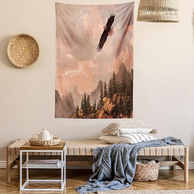 Ambesonne Eagle Tapestry Queen Size, Nature Photography of Rocky Mountains and Forest a Bird Flying over It, Wall Hanging Bedspread Bed Cover Wall Decor, 88" X 88", Rose Green