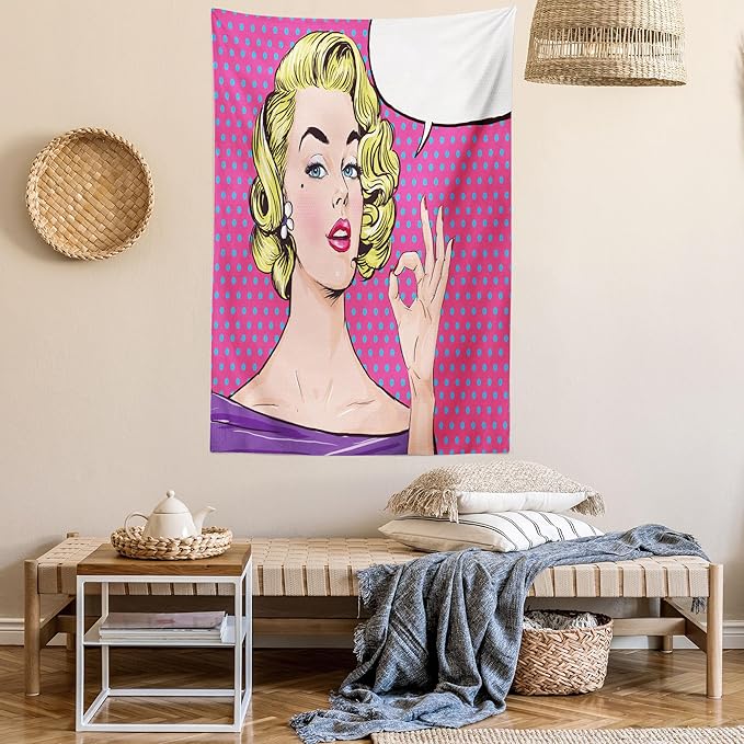 Ambesonne Vintage Tapestry, Pop Art Blonde Woman Making OK Sign on Dotted Background Retro Comic Book Design, Fabric Wall Hanging Decor for Bedroom Living Room Dorm, 30" X 45", Pink Blue