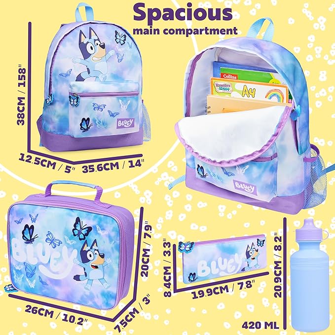 Bluey Backpack Set 4 Pcs with Water Bottle Pencil Case Modern Lunch Bag or Sports Gym Drawstring Bag Gifts for Kids Butterfly