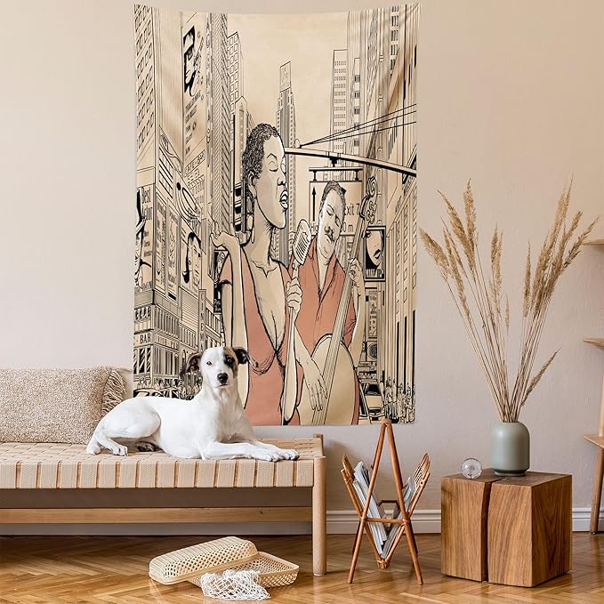 Ambesonne Jazz Music Tapestry Twin Size, Singer Double-Bass Player in a Street of New York Urban Lifestyle Image, Wall Hanging Bedspread Bed Cover Wall Decor, 68" X 88", Brown Beige