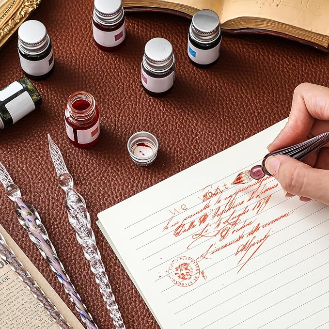 Zonon 6 Pieces Handmade Glass Dip, Crystal Glass Signature Calligraphy Vintage Dip Ink Pen Borosilicate Present Pen for Writing Drawing Decoration(Pink Color,Classic Style)
