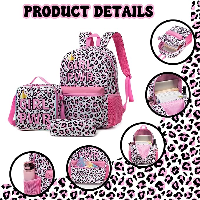 Backpack for School Girls Backpack with Lunch Box Kids Backpacks for Girls Leopard Backpacks for Elementary Teens Back to School
