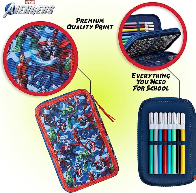 Marvel Boy's Pencil Case, Pencil Case with Compartments Filled School Supplies, Felt, Coloured Pencil, Spiderman Avengers Back to School Gift