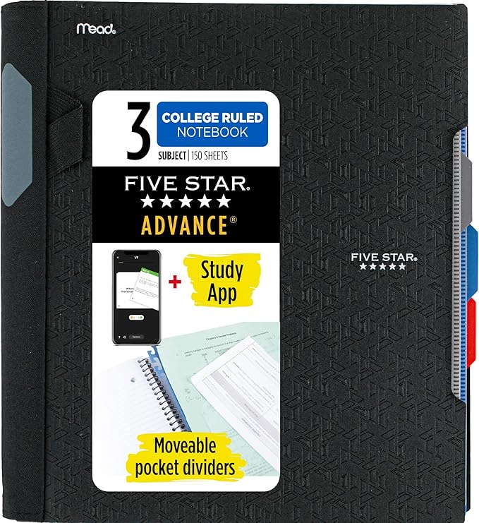 Five Star Advance Spiral Notebook + Study App, 3 Subject, College Ruled Paper, 8-1/2" x 11", 150 Sheets, Spiral Guard, Movable Tabbed Dividers, Black (73132)