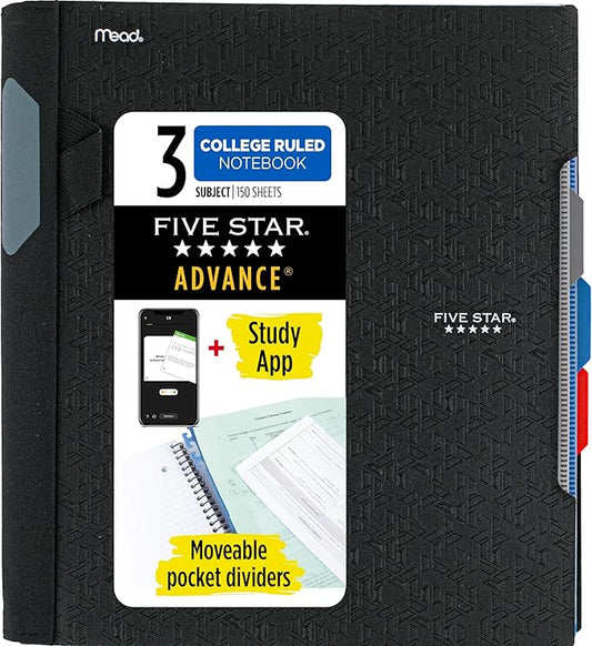 Five Star Advance Spiral Notebook + Study App, 3 Subject, College Ruled Paper, 8-1/2" x 11", 150 Sheets, Spiral Guard, Movable Tabbed Dividers, Black (73132)
