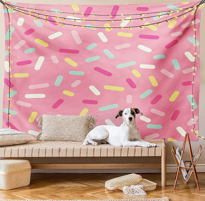 Ambesonne Pink and White Tapestry, Abstract Pattern of Colorful Donut Sprinkles Tasty Food Bakery Theme, Wall Hanging for Bedroom Living Room Dorm Decor, 40" X 60", Pink Yellow