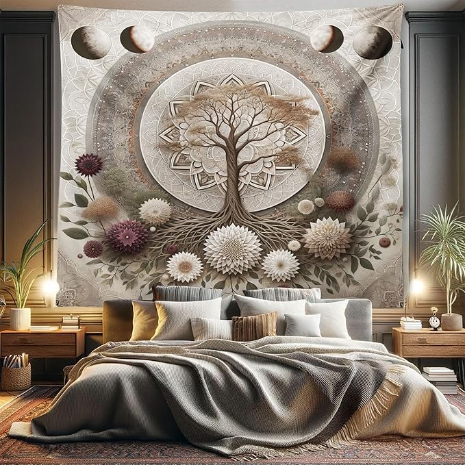 Ambesonne Moon Tapestry King Size, Ethno Mandal Featuring Gentle Vines of Tree of Life and Flowers Boho Luna, Wall Hanging Bedspread Bed Cover Wall Decor, 104" X 88", Pale Mustard Eggplant