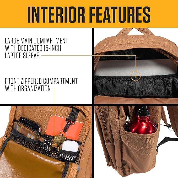 Carhartt 25L Classic Laptop Backpack, Durable Water-Resistant Pack W/ 15" Laptop Sleeve and Multiple Organizational Compartments, PFAS Free, Port