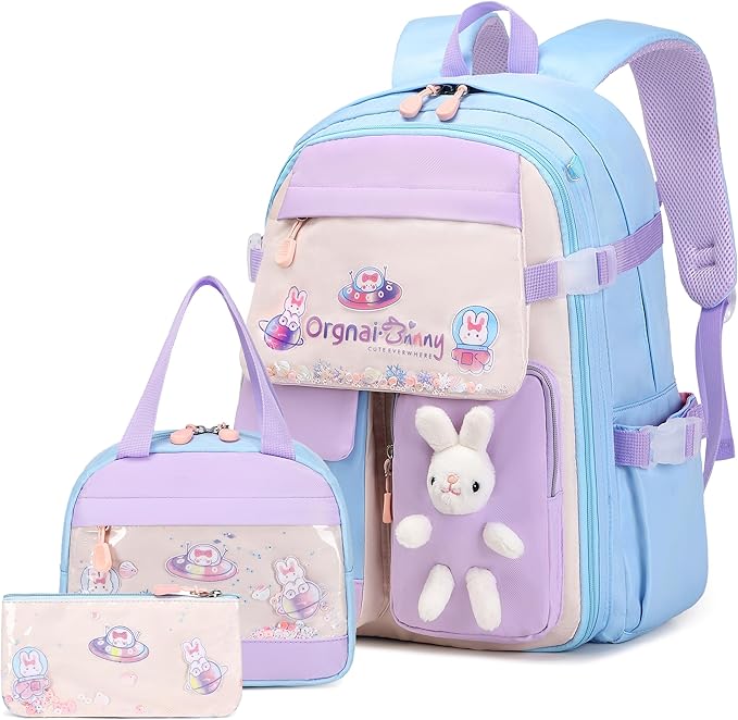Girls Backpack Set, 3PCS Kids Backpacks for Girl, Cute Bunny School Backpack for Girls Kids Teen Kindergarten Elementary Preschool Middle School Bags with Lunch Box Pencil Case Blue