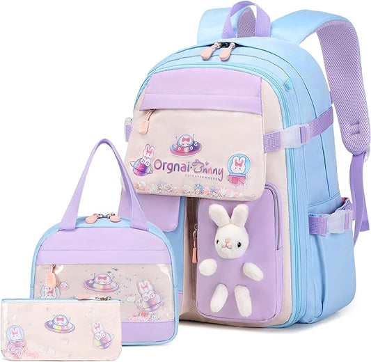 Girls Backpack Set, 3PCS Kids Backpacks for Girl, Cute Bunny School Backpack for Girls Kids Teen Kindergarten Elementary Preschool Middle School Bags with Lunch Box Pencil Case Blue