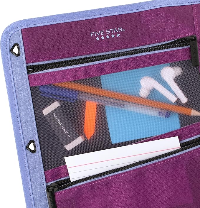 Five Star Pencil Pouch, Pen Case, 3-Pocket Zipper Pouch, Fits 3-Ring Binder, Storage Organizer for Classroom Supplies Earbuds Chargers Cables Makeup, Lilac/Berry (500208F-ECM)