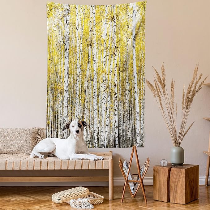 Ambesonne Forest Tapestry Queen Size, Autumn Birch Forest Golden Yellow Leaves Woodland October Seasonal Nature Picture, Wall Hanging Bedspread Bed Cover Wall Decor, 88" X 88", Yellow Grey