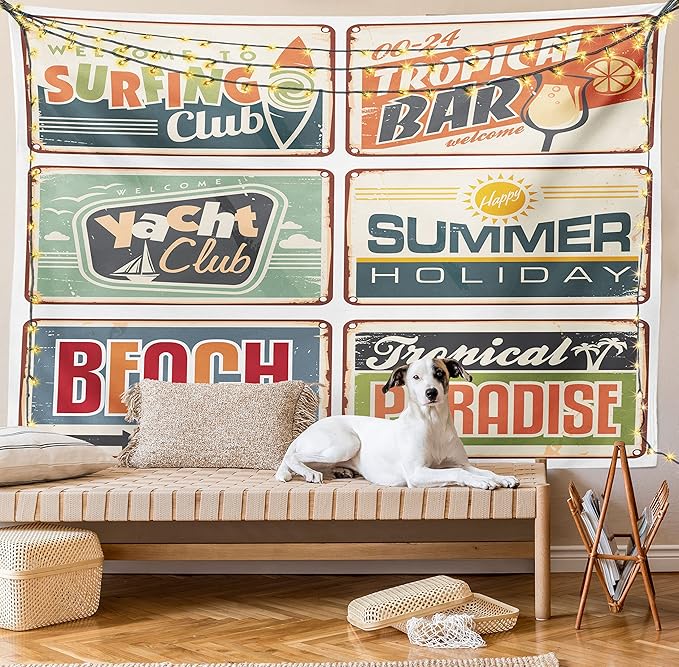 Ambesonne Retro Tapestry, Summer Holiday Vintage Camping Beach Sign Boards in Old Style Faint Colors Art Print, Wide Wall Hanging for Bedroom Living Room Dorm, 60" X 40", Cream