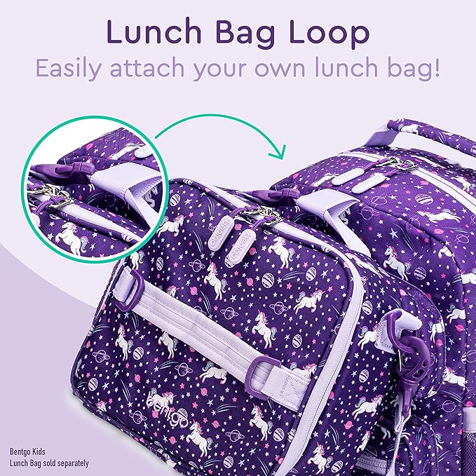 Bentgo Kids Backpack - Lightweight 14” Backpack in Fun Prints for School, Travel, & Daycare, Ideal for Ages 4+, Roomy Interior, Durable & Water-Resistant Fabric, & Loop for Lunch Bag (Unicorn)