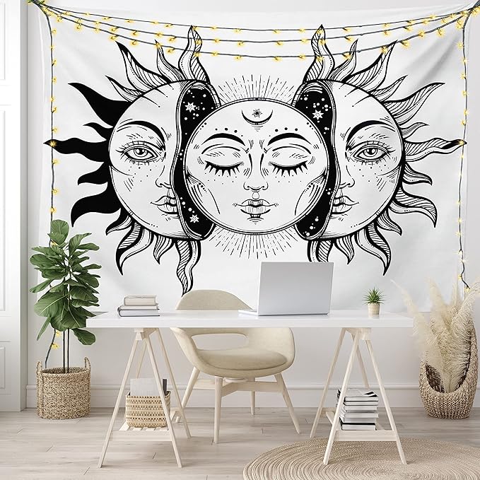 Ambesonne Moon Tapestry King Size, Monochrome Sun and Moon Pattern Oriental Image Culture Inspired Design Print, Wall Hanging Bedspread Bed Cover Wall Decor, 104" X 88", White Black
