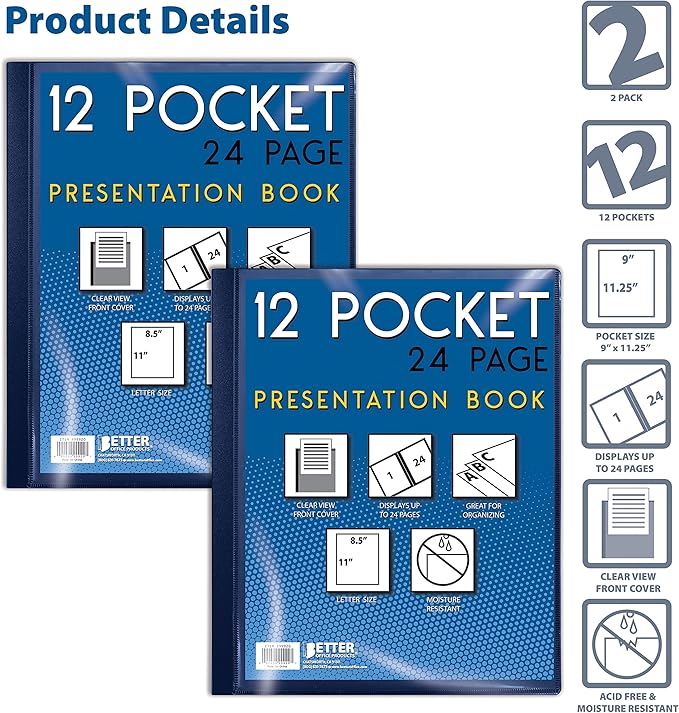 Better Office Products 12 Pocket Bound Presentation Book, Blue, Clear View Front Cover, 24 Sheet Protector Pages, 8.5" x 11" Sheets, Art Portfolio, Durable Poly Covers, Letter Size (2 Pack)