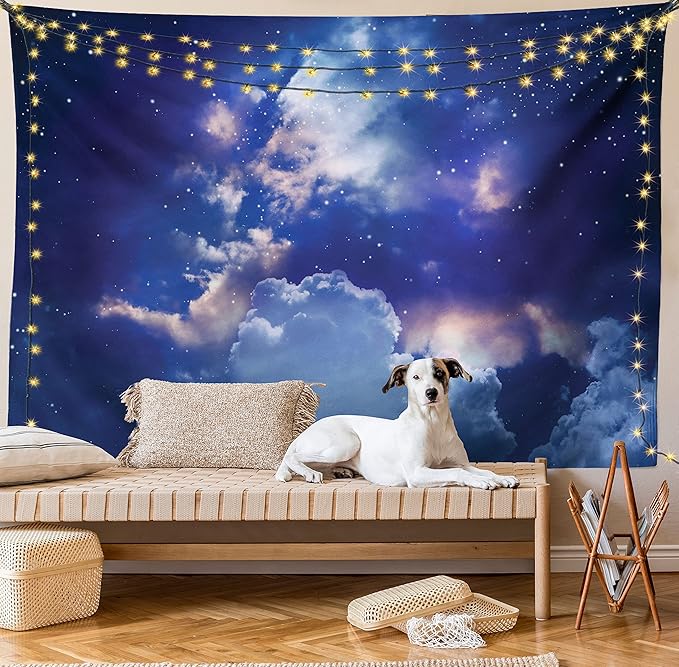 Ambesonne Space Tapestry, Magic Sky View with Star and Clouds Celestial Colorful World Cosmic Expanse Theme, Fabric Wall Hanging Decor for Bedroom Living Room Dorm, 23" X 28", White and Blue