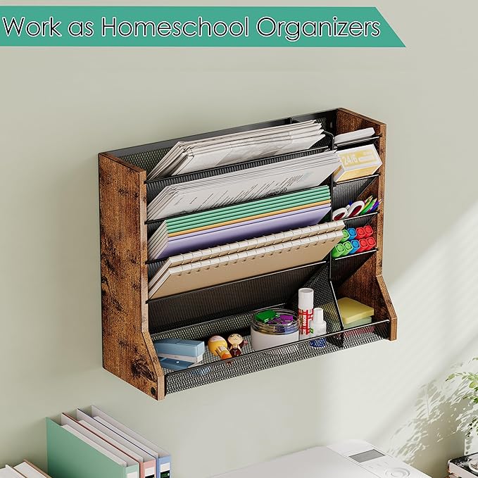 Wall Desk File Organizer 5 Tiers, Ironwood Hanging File Organizer with R-shaped Tray, Wall File Holder for Office Home, 4 Pull-Out Divider and Pen Slots to Sort File,Mail,Newspaper,Pen, Brown