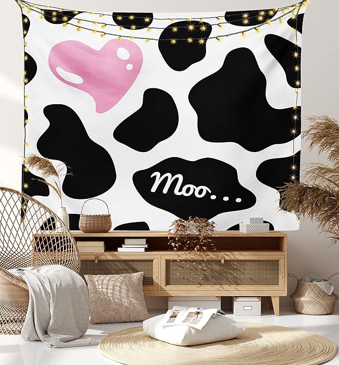 Ambesonne Cow Print Tapestry King Size, Camouflage Hide Skin Pattern in Pastel Color Shades Heart Shape Moo, Wall Hanging Bedspread Bed Cover Wall Decor, King Size, Pink Black White