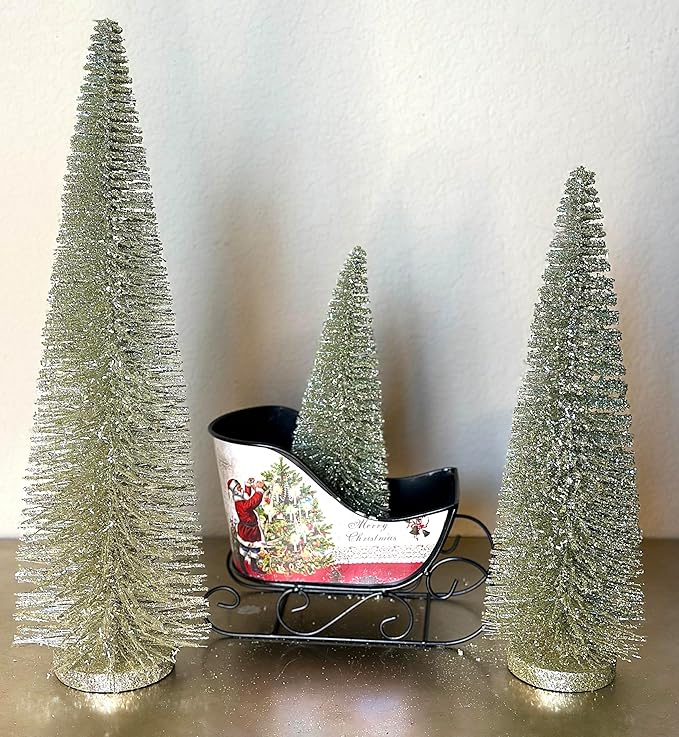 RAZ Imports Set of 3 Bottle Brush Trees – 17”, 14”, 9” Modern Christmas Holiday Winter Décor – Glittery Tabletop Mini Trees for Home Office Shelf Desk Mantel Fireplace Decoration (Champagne Green)