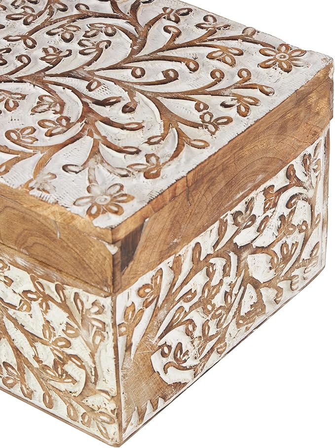 Deco 79 Mango Wood Floral Decorative Box Decorative Keepsake Boxes with Hinged Lid, Set of 3 Storage Boxes 8", 10", 12"W, Brown